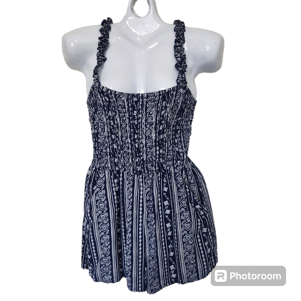 Lily Rose Women's Short Romper Blue/White Shirred Elastic Bodice Pocketed  S-Jr